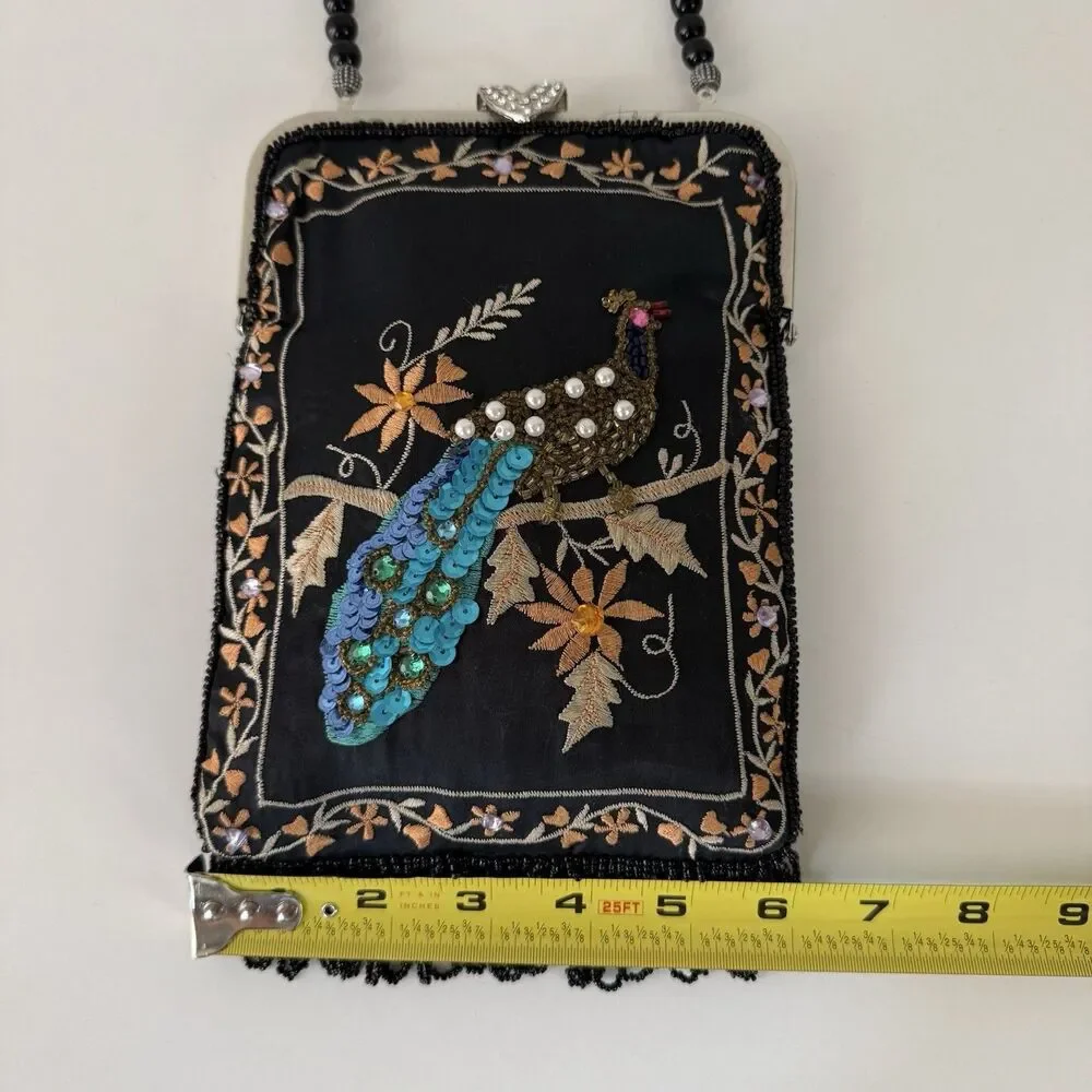 Vintage Lily Scott Peacock Black Evening Bag W/ Sequin Beads & Embroidery